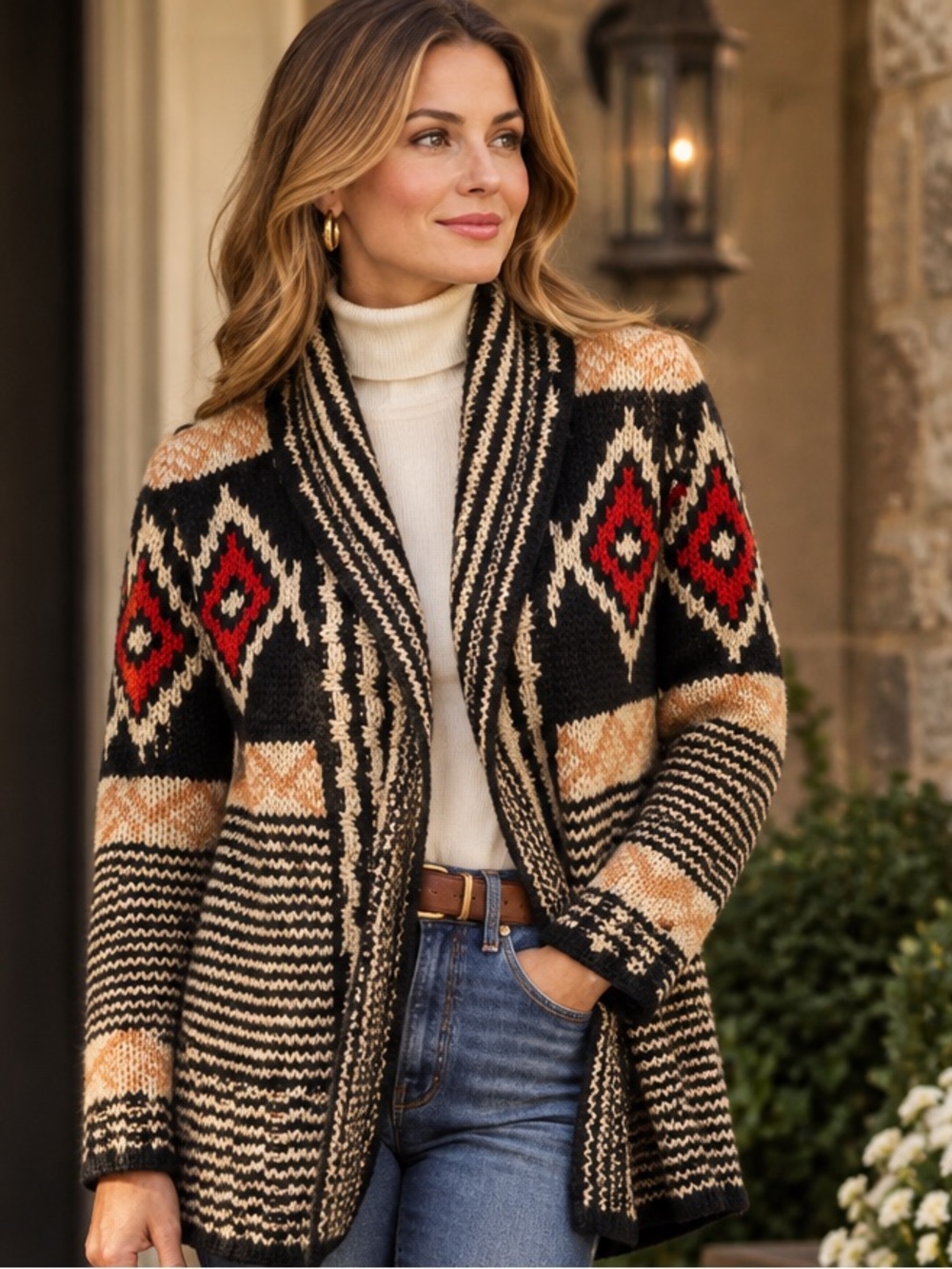 Sz XL Pink Republic Aztec Pattern Open Draped Cardigan